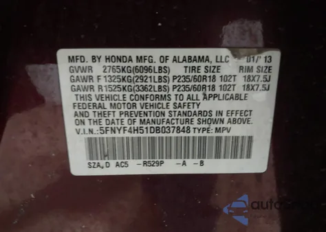 2013 Honda Pilot Ex-L из США, поврежденный, VIN 5FNYF4H51DB037848